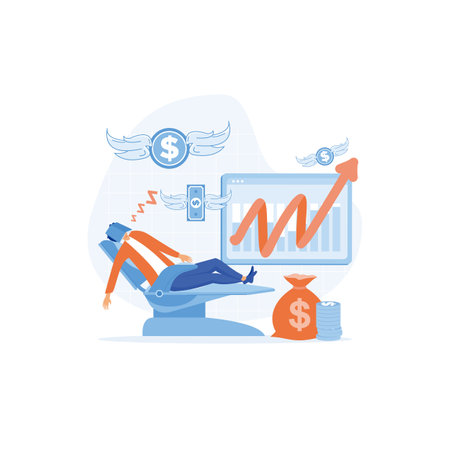 Passive income, man earning money while sleeping at his office, flat vector modern illustrationのイラスト素材