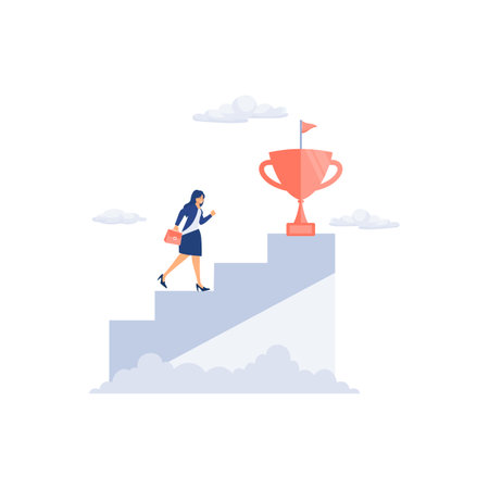 Businesswoman climbing ladder to golden trophy, flat vector modern illustrationのイラスト素材