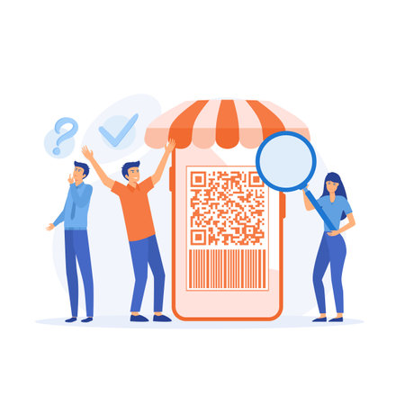 People scanning qr code for payment via smartphone. businesspeople scan code using mobile phone. flat vector modern illustrationのイラスト素材