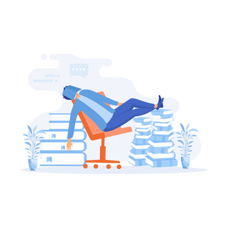 Stressed frustrated director manager hard work sitting with pile papers documents, flat vector modern illustrationのイラスト素材
