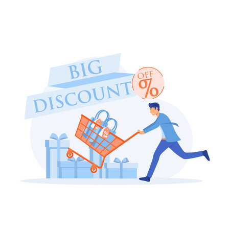 sales cart discounts.man pushing shopping cart trolley with big percentage sign. flat vector modern illustrationのイラスト素材