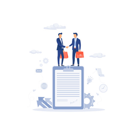 Business people standing on a signed contract, flat vector modern illustrationのイラスト素材