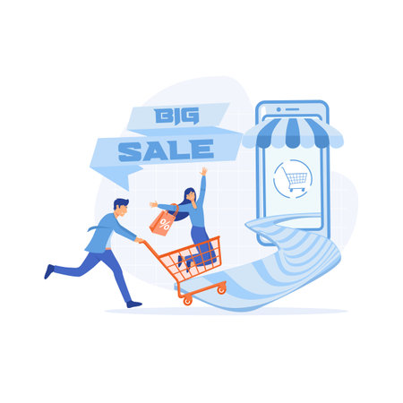 Big sale shopping, consumerism concept. happy young couple family with man pushing beautiful lady on shopping cart trolley. flat vector modern illustrationのイラスト素材