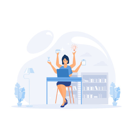Time Management, Woman in Workplace with Multitasking Work, flat vector modern illustrationのイラスト素材