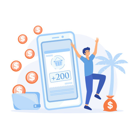 Earn points concept, Phone screen with cashback and bonus card. flat vector modern illustrationのイラスト素材