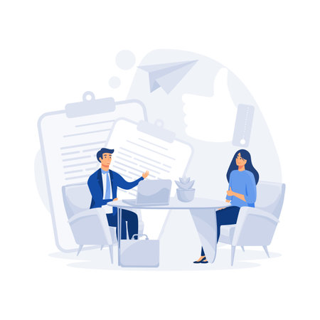 job interview concept, Jobseeker and employer sit at the table and talk. Good impression. flat vector modern illustrationのイラスト素材