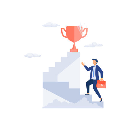 Businessman holding trophy cup standing on the stair, flat vector modern illustrationのイラスト素材