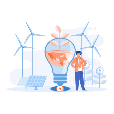 Green energy, Renewable energy concept. modern eco private house with solar energy panels and smart home technology. flat vector modern illustrationのイラスト素材