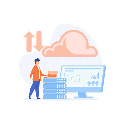 business technology cloud computing service concept, developer team working on dashboard monitor, flat vector modern illustrationのイラスト素材