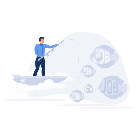 Job searching and staff recruitment concept, fisherman catching Job word on a fishing hook , flat vector modern illustrationのイラスト素材
