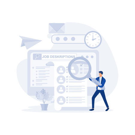 Finding the right job concept, Unemployment person hold magnifying glass to look at job description, flat vector modern illustrationのイラスト素材