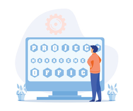 business concept. Project Management Office acronym. woman worker standing at front of a big screen. flat vector modern illustrationのイラスト素材