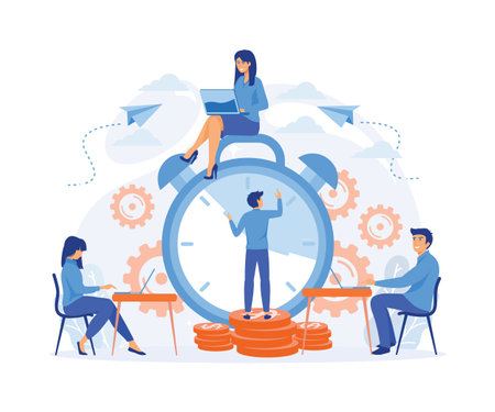 time management. control. Businessman run along gear in form of clock. Organization of process. flat vector modern illustrationのイラスト素材