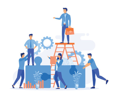 brainstorming and teamwork concept. Group of young business people working together with puzzles as symbol of collaborating, solving problems, flat vector modern illustrationのイラスト素材