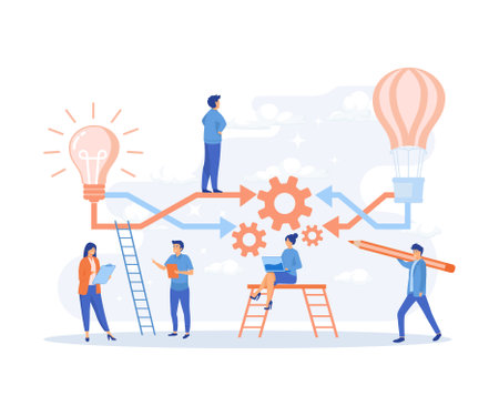 brainstorming and teamwork concept. Group of young business people collaborating, thinking about creative idea, flat vector modern illustrationのイラスト素材