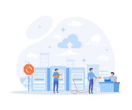 Users work with a cloud service platform. Cloud Computing. Web cloud technology, data storage, Working process, teamwork communication. flat vector modern illustrationのイラスト素材