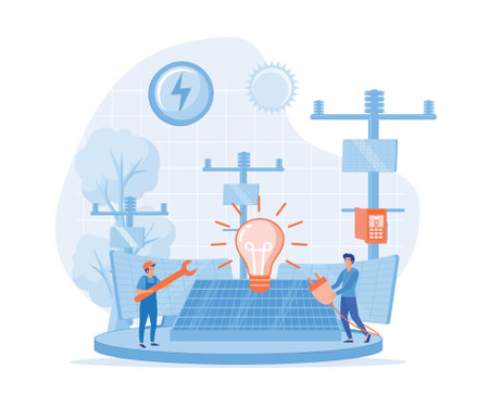Renewable energy. Alternative energy resource with solar panels, Solar panel power and Engineer character, flat vector modern illustrationのイラスト素材