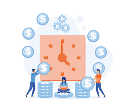 Work Payment, Salary. Man Sitting with Laptop, People Invest Money. E business, Internet Banking, Deposit System, flat vector modern illustrationのイラスト素材