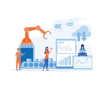 Smart Factory and working person using wireless technology to control, workflow With clever device. infographic of industry 4.0, flat vector modern illustrationのイラスト素材