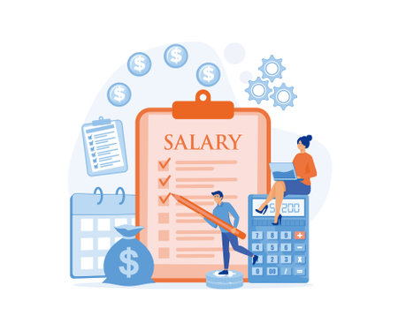 Salary concept, worker looking at his salary on handphone and male worker standing with clipboard, stack of coins and calculator, flat vector modern illustrationのイラスト素材