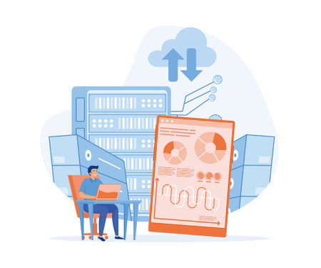 Data center technology concept, Man engineer maintains server room and controls performance of hardware on dashboard, flat vector modern illustrationのイラスト素材