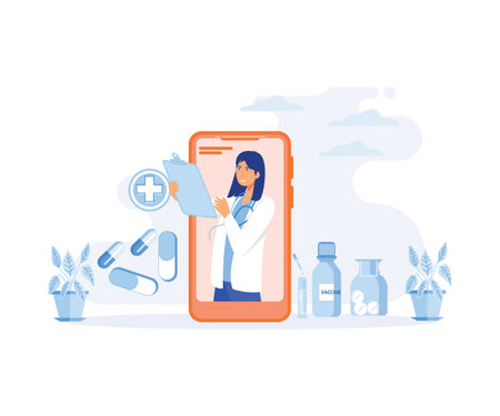 Smartphone screen with a female doctor. Online medical services, consultation and telemedicine concept. flat vector modern illustrationのイラスト素材