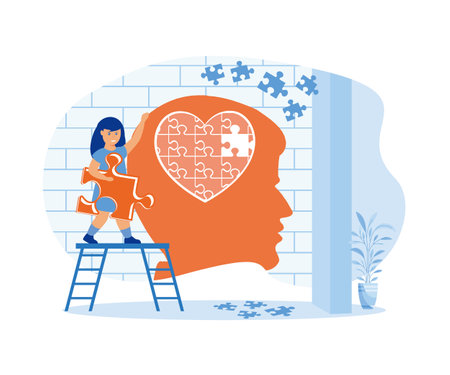 Mental health concept. A girl making heart jigsaw in brain. World mental health day. flat vector modern illustrationのイラスト素材