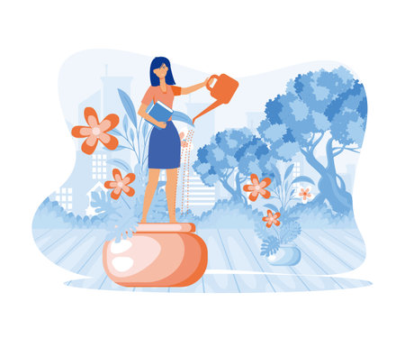Self development Tiny woman in flowerpot watering herself. Metaphor growth personality as plant. flat vector modern illustrationのイラスト素材