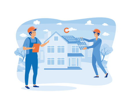 Roof construction worker building fixing and house renovation rooftop. flat vector modern illustrationのイラスト素材