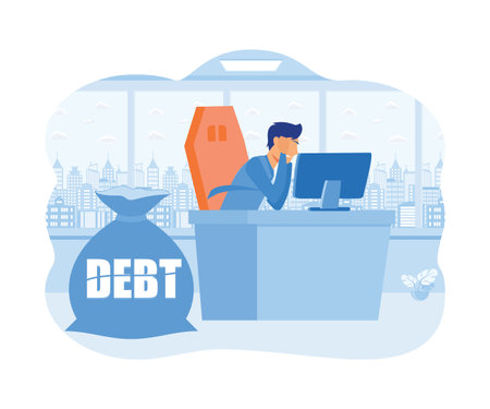 Business debt. Businessman carrying a big bag on his back having financial problems. Bad finance. flat vector modern illustrationのイラスト素材