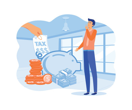 Businessman holding savings piggy bank looking at tax bill, financial burden and obligation to pay the government. flat vector modern illustrationのイラスト素材