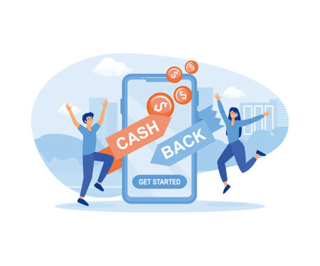 Online cash back or money refund concept. Happy people receiving cash back for shopping. flat vector modern illustrationのイラスト素材