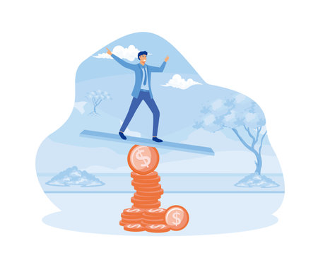 financial instability. Business investor on unstable coins. flat vector modern illustrationのイラスト素材