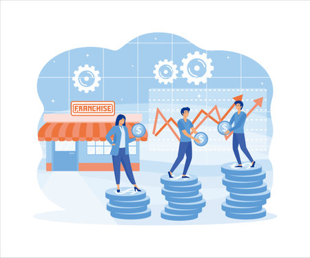Franchise mACarketing system. People Start Franchise Small Enterprise, Company with Corporate Headquarter. Shop and Stacks of Money, Graph. flat vector modern illustrationのイラスト素材