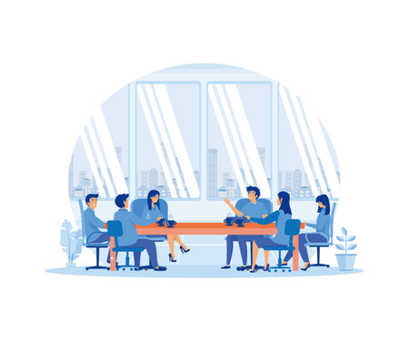 Business Meeting concept. People congratulating colleague with business achievements. Boss praise best employee, team applaude at office meeting. flat vector modern illustrationのイラスト素材