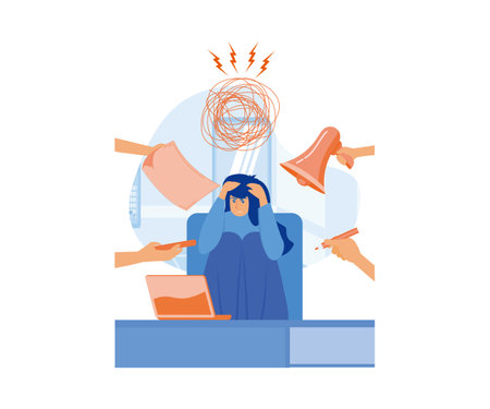 Multitasking Work concept. Business Woman Surrounded by Hands with Office Things. Multitasking and Time Management Concept. flat vector modern illustrationのイラスト素材