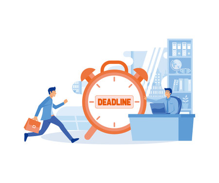 Office Deadline concept. Businessman running in hurry to chase deadline time while carrying paperwork. flat vector modern illustrationのイラスト素材