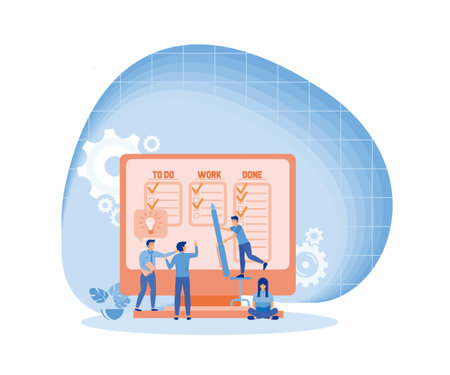 Big computer and programmer team moving cards on electronic kanban task board. Online kanban board app, agile visual project management method. flat vector modern illustrationのイラスト素材