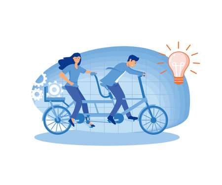 Creative Idea Teamwork Concept. Business Team Riding Tandem Bicycle. Businessman and Businesswoman Characters on Bike. Cooperation Leadership Metaphor. flat vector modern illustrationのイラスト素材