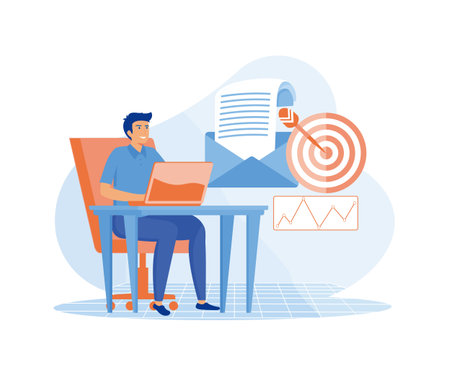 Email marketing, mailing service concept. Manager sending targeted email campaigns, newsletters. Internet marketer using a laptop. flat vector modern illustrationのイラスト素材
