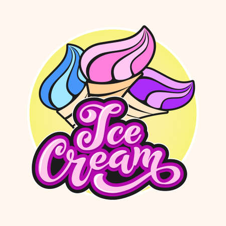 Ice Cream handwritten inscriptions. Logo for ice cream, labels, stickers and badges. Ice cream for a cafe or a pastry shop. Vector illustration.のイラスト素材