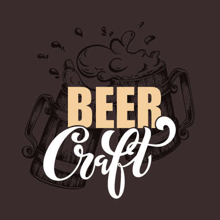 Craft beer. Logo, handwritten lettering for restaurant, cafe menu. drawing of beer mugs. Vector elements for labels, logos, badges, stickers or icons. Vector illustration, food design.のイラスト素材