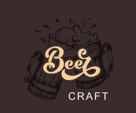 Craft beer. Logo, handwritten lettering for restaurant, cafe menu. drawing of beer mugs. Vector elements for labels, logos, badges, stickers or icons. Vector illustration, food design.のイラスト素材