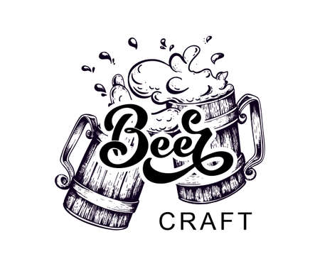 Craft beer. Logo, handwritten lettering for restaurant, cafe menu. drawing of beer mugs. Vector elements for labels, logos, badges, stickers or icons. Vector illustration, food design.のイラスト素材