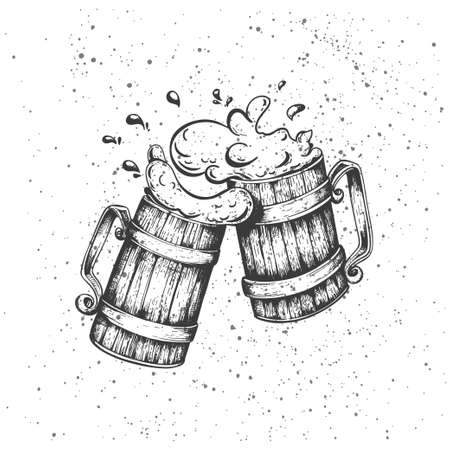 Craft beer. Logo, handwritten lettering for restaurant, cafe menu. drawing of beer mugs. Vector elements for labels, logos, badges, stickers or icons. Vector illustration, food design.のイラスト素材