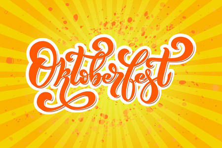 oktoberfest. Logo, handwritten lettering for restaurant, cafe menu. drawing of beer mugs. Vector elements for labels, logos, badges, stickers or icons. Vector illustration, food design.のイラスト素材