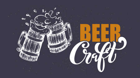 Craft beer. handwritten lettering for restaurant, cafe menu. drawing of beer mugs. Vector elements for labels, badges, stickers or icons. Vector illustration, food design.のイラスト素材