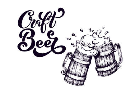 Craft beer.  handwritten lettering for restaurant, cafe menu. drawing of beer mugs. Vector elements for labels, badges, stickers or icons. Vector illustration, food design.のイラスト素材