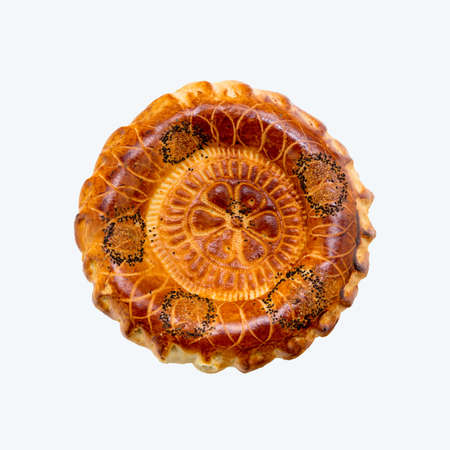 Baked round traditional Asian tandoor bread isolated on white background. Orient, asian, indian cuisine.の写真素材