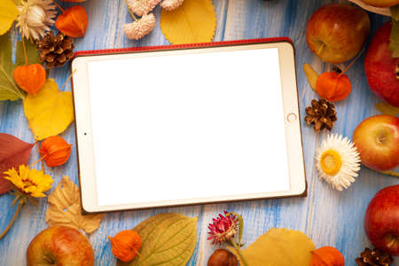 The tablet. Autumn bright background. Flowers, leaves and fruits on a blue wooden background. Background for the autumn holidays and thanksgiving day.の写真素材